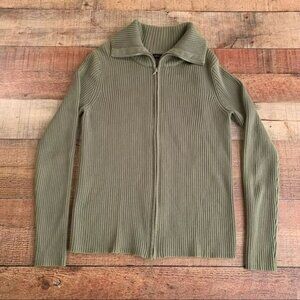 Grace Elements ribbed knit full zip up green sweater with oversized collar - M